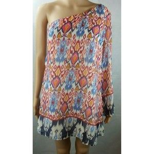 Ark & Co. Women's (S) Blue/Red/Orange Loose Fit One Shoulder Boho Tunic/Dress
